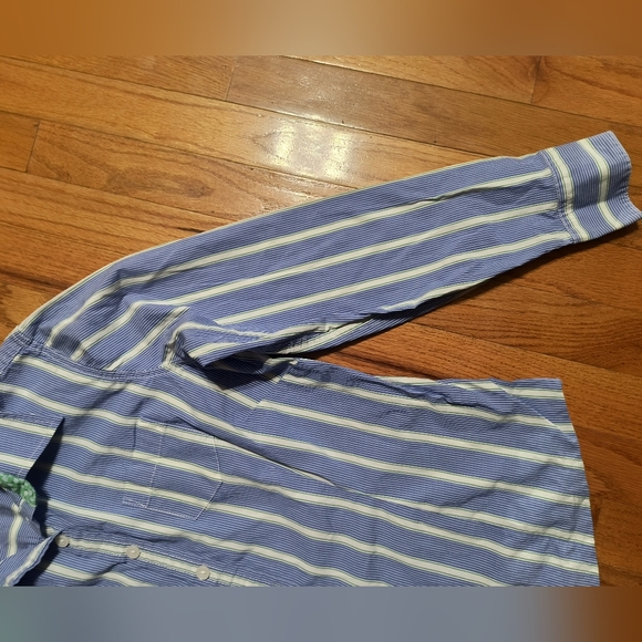 L.L.Bean Button Down Blouse, Women's Medium, Blue, Green, White Stripe/Dots - Picture 4 of 10